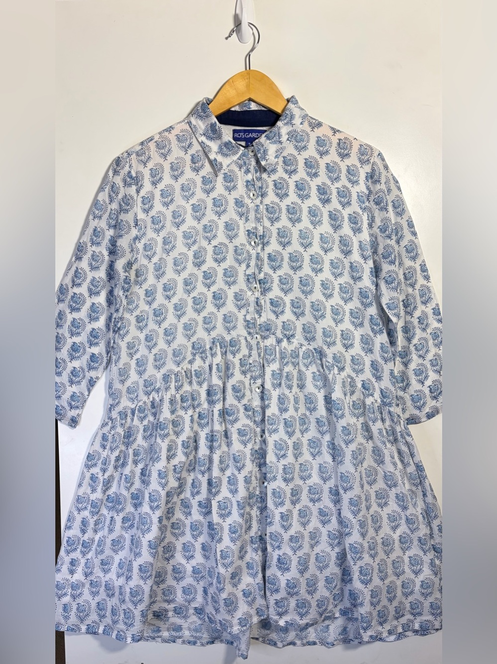 Ro's Garden Dress S Blue White Paisley Block Print Cotton Shirt Dress